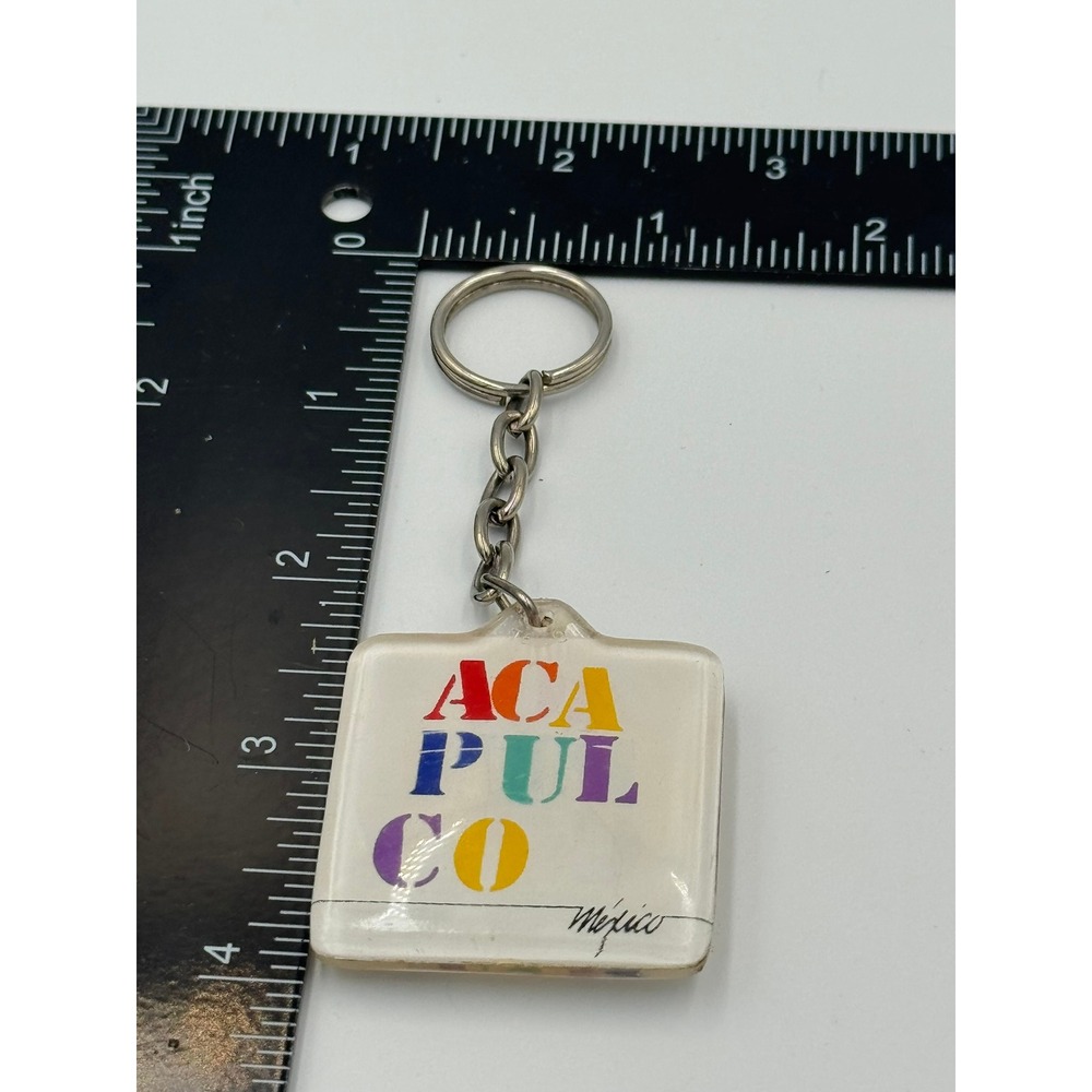 Vintage Acapulco Mexico Souvenir Keychain Acrylic Square Multi Color‎ Retro